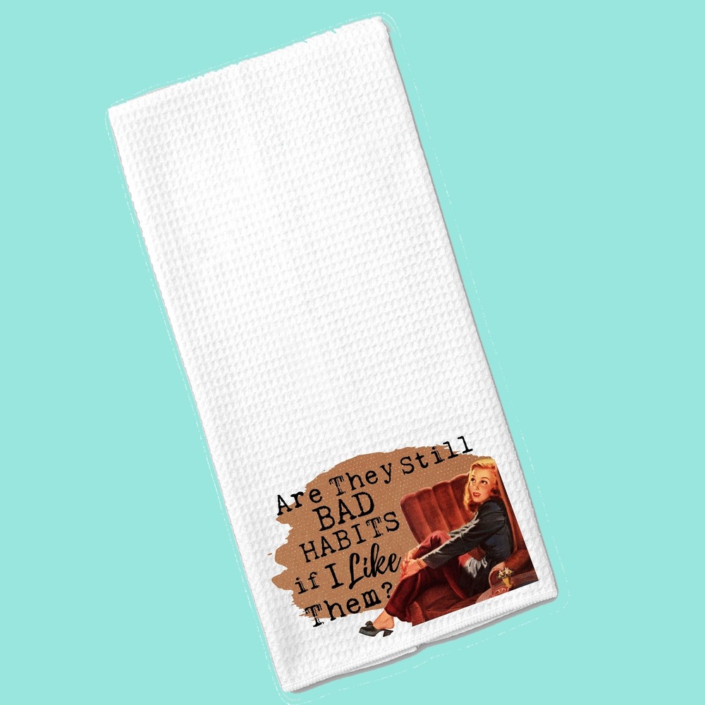 Vintage Style Bad Habits Waffle Weave Kitchen Towel White Funny Retro Graphic - Picture 2 of 9